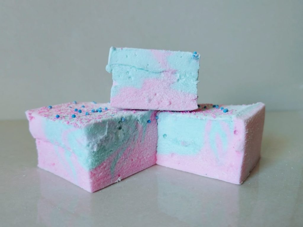 Bubblegum marshmallows with pink and blue swirls and sprinkles
