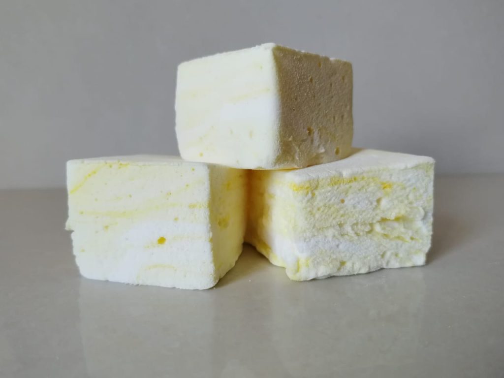 Lemon meringue marshmallows layered pale yellow and white